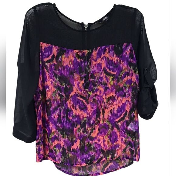 Wrangler Rock 47 Women's Sheer Western Blouse Colorful Roll Tab Sleeve Top - Picture 1 of 9
